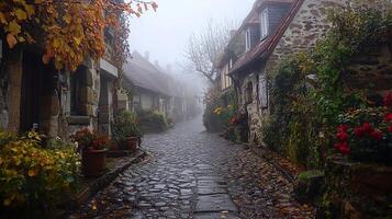A cobblestone street in the fog with flowers and plants photo