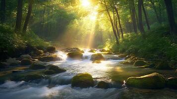 A stream runs through a forest with sunbeams shining through the trees photo