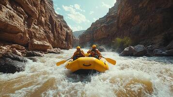 Two people in a raft on a river in the canyon photo