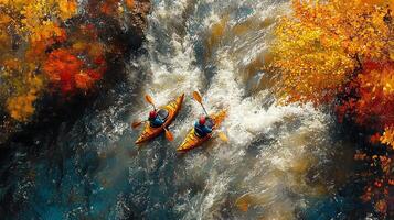 Two people in kayaks on a river in the fall photo