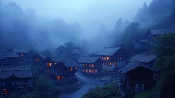 A village in the fog with lights on photo