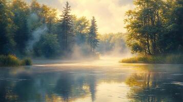 A painting of a river with trees and mist photo