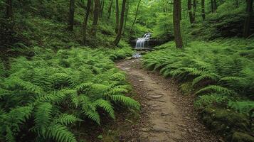 A path through a lush green forest with a waterfall photo