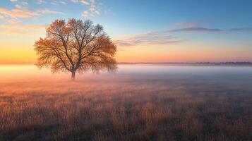 A lone tree stands in a foggy field at sunrise photo