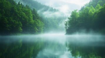 A lake surrounded by trees and fog photo