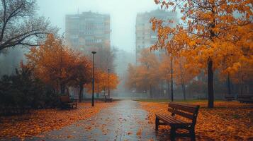 A park bench is surrounded by autumn leaves photo