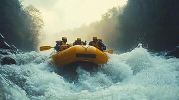 A group of people in a raft riding through rapids photo