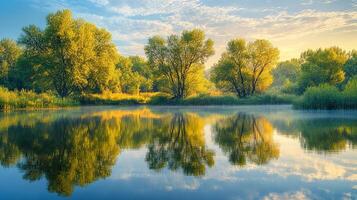 A river with trees and water reflecting in the sun photo