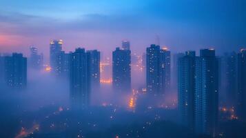 Foggy city skyline at dusk with tall buildings photo