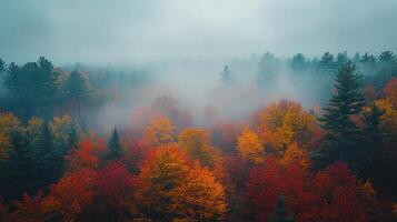 Autumn forest with fog and colorful trees photo