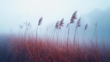 Red reeds in fog photo