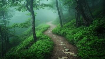 A path through the woods on a foggy day photo