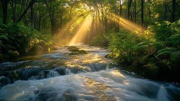 A stream flowing through a forest with sunbeams shining through photo