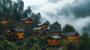 A group of wooden houses in the mountains photo