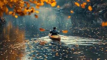A man paddles a canoe through a river in autumn photo