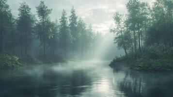 A river in the forest with trees and sun shining photo