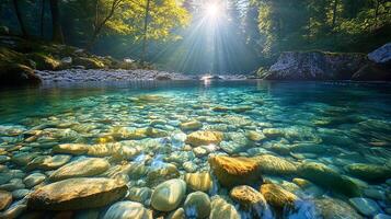 The sun shines through the water in a river photo