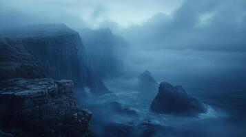 A dark and stormy sea with cliffs and rocks photo