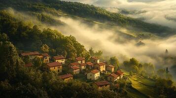 A village surrounded by fog and trees photo