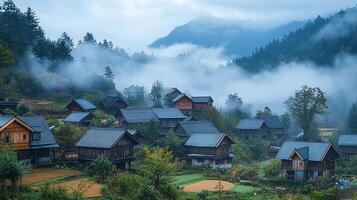 A group of houses in the middle of a forest photo