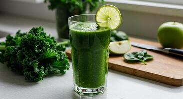 A glass of green juice with a slice of lime photo