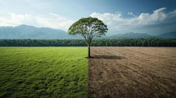 Solitary Tree Dividing Lush Green Field and Barren Land Under a Dramatic Sky photo