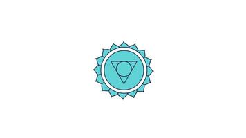 Vishuddha throat chakra symbol rotating in turquoise 2D cartoon object animation. Communication, self-expression, truth. Sacred geometry animated flat colorful item 4K isolated on white video