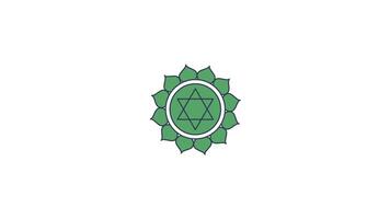 Anahata heart chakra symbol rotating in green 2D cartoon object animation. Love, compassion, emotional balance. Holistic health. Sacred geometry animated flat colorful item 4K isolated on white video