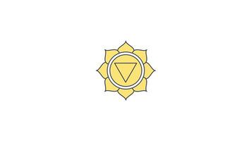 Manipura solar plexus chakra symbol rotating in yellow 2D cartoon object animation. Confidence, personal power, transformation. Sacred geometry animated flat colorful item 4K isolated on white video