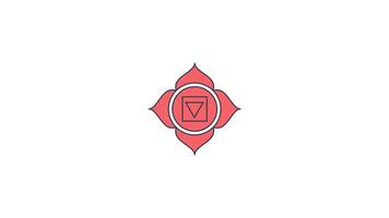 Muladhara root chakra symbol rotating in red 2D cartoon object animation. Grounding energy, stability, spiritual awakening. Sacred geometry animated flat colorful item 4K isolated on white video
