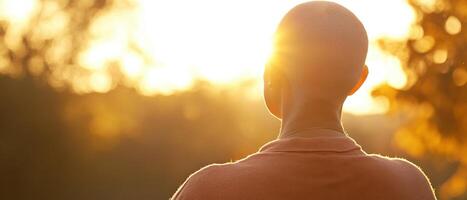 A serene silhouette of a person standing in a sunlit landscape, bathed in warm golden light, evoking feelings of peace and reflection. photo