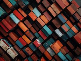 Smart Global Logistics Concept. Abstract arrangement of colorful, stacked blocks in various shades of red, blue, and orange, creating a visually striking pattern. photo