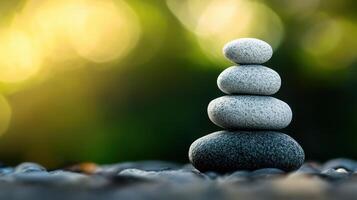 Balanced Stack of Smooth Stones Against a Blurred Natural Background with Warm Sunlight photo