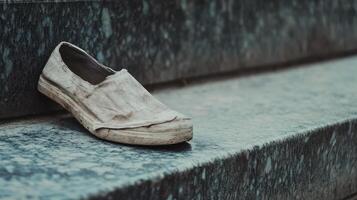 Economic Inequality Concept. A worn-out shoe rests on stone steps, showcasing its weathered texture and forgotten charm. photo