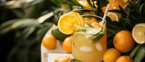 A refreshing citrus cocktail garnished with lemon slices, surrounded by vibrant oranges and lush greenery. photo