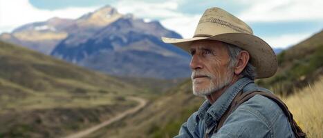A contemplative man in a cowboy hat gazes at majestic mountains, embodying the spirit of adventure and connection with nature. photo