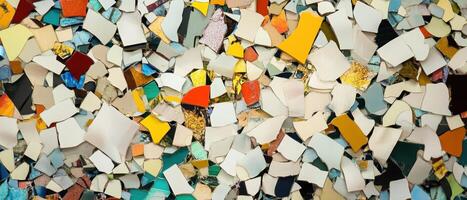 Colorful fragments of various materials scattered randomly, creating a vibrant abstract background. photo