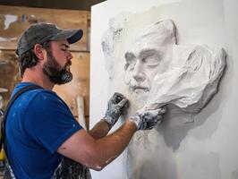 A sculptor carefully shapes a relief portrait from plaster, showcasing artistry and craftsmanship in a creative workspace. photo