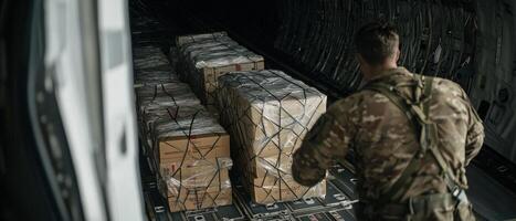 Smart Global Logistics Concept. A soldier prepares to unload cargo boxes from a military transport aircraft, highlighting logistics and operations in a military setting. photo