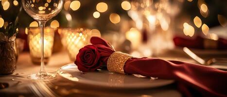 Elegant table setting with a red rose, golden accents, and soft bokeh lighting, perfect for romantic events or special occasions. photo