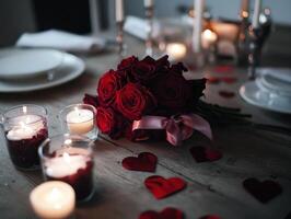 A romantic table setting with a bouquet of red roses, candles, and heart-shaped decorations, creating an intimate atmosphere. photo