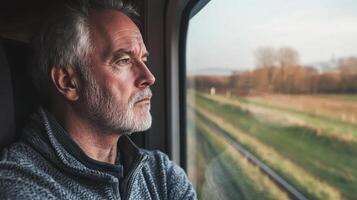 A contemplative older man gazes out of a train window, reflecting on the passing landscape as the sun sets in the background. photo