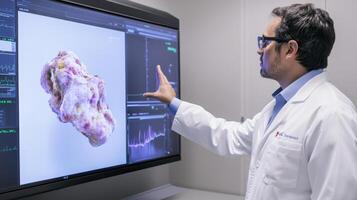 A medical professional analyzes complex data displayed on a large screen, showcasing advanced imaging technology in a clinical setting. photo