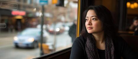 A woman gazes thoughtfully out the window of a cafe, observing the bustling city life and traffic outside. photo