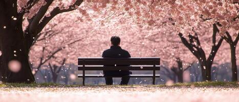 A serene scene of a person sitting on a bench under blooming cherry blossom trees, enjoying a peaceful moment in nature. photo