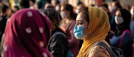 A diverse group of people wearing masks, with one woman in a yellow scarf prominently featured in the foreground. photo