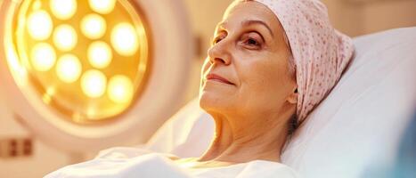 A serene older woman rests in a hospital bed, wearing a headscarf, illuminated by warm overhead lights, conveying a sense of calm and resilience. photo