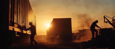 Smart Global Logistics Concept. Silhouetted workers handle cargo at sunset, creating a dramatic industrial scene with dust and warm colors. photo