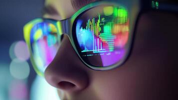 Digital Marketing Spend Concept. A close-up of a person's face with glasses reflecting colorful data charts and graphs, highlighting technology and analytics. photo