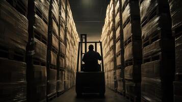 Smart Global Logistics Concept. A forklift operator navigates through a narrow warehouse aisle, surrounded by stacked pallets, illuminated by soft lighting. photo